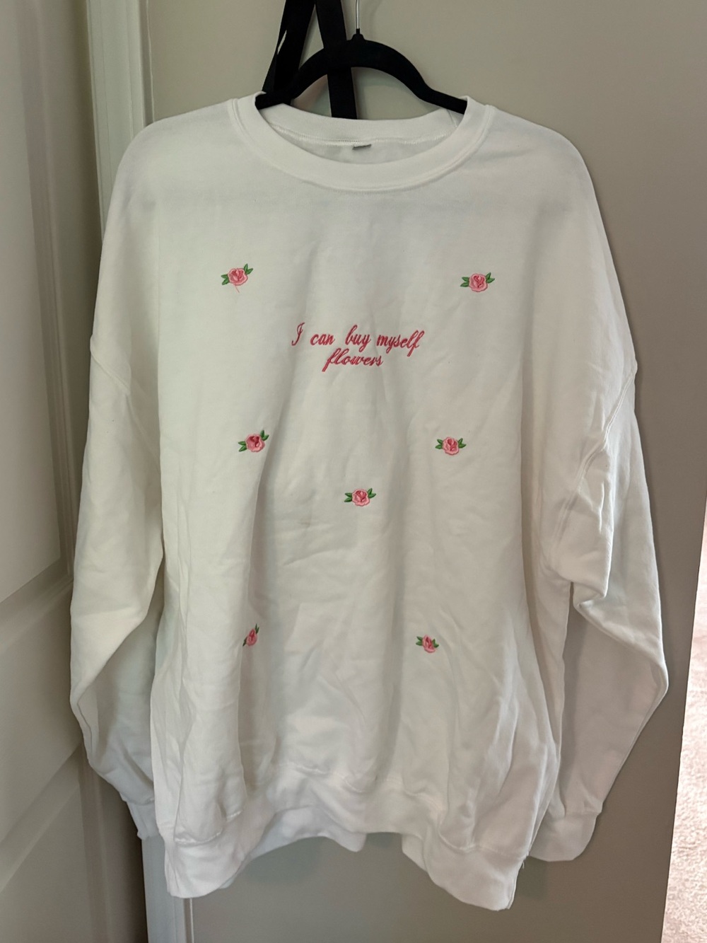 Gildan White Sweatshirt with Pink Rose Embroidery